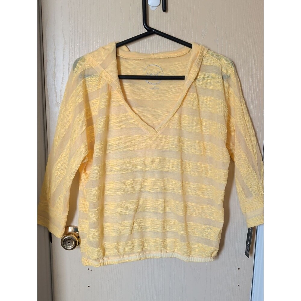 INC Lightweight Yellow V-Neck Hooded Striped Top | Women's Medium | NWT